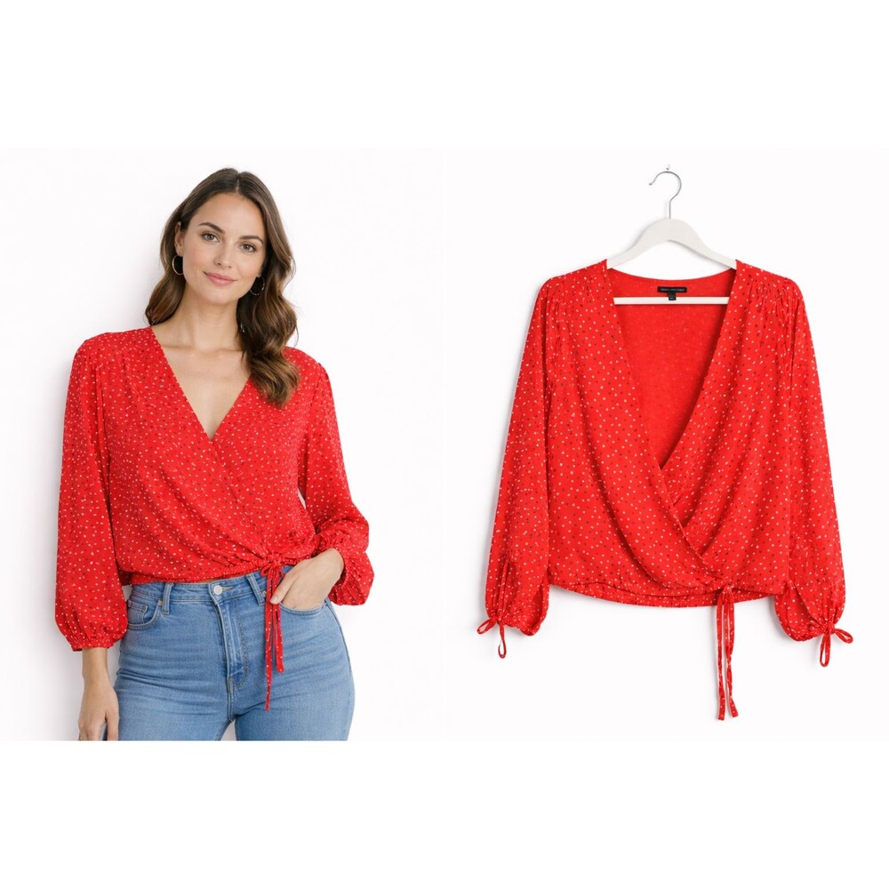 Banana Republic Wrap Blouse Top Size Small Tall Red Hearts Puff Sleeve